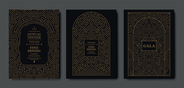 Premium gala card design, gold elegant frame, modern line art, luxury geometric pattern. VIP vector template classic deco, event invitations, posters, party flyers, award ceremonies