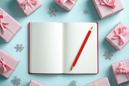 A red notebook with a red pencil rests on a light blue background, surrounded by gifts