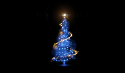 A magical Christmas tree made entirely of glowing, shiny particles. This enchanting digital fantasy scene is perfect for holiday invitations, festive website headers, and magical book illustrations.