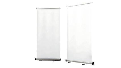Blank white roll-up banner stand display mockup cut out on PNG. AI generated.

