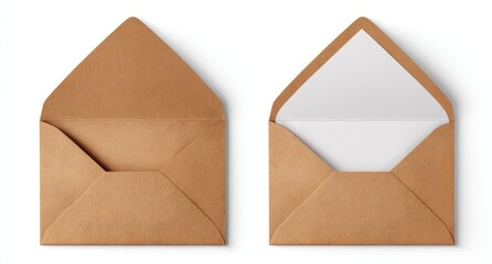 Two open paper envelopes on a white background, one with a white interior and brown exterior