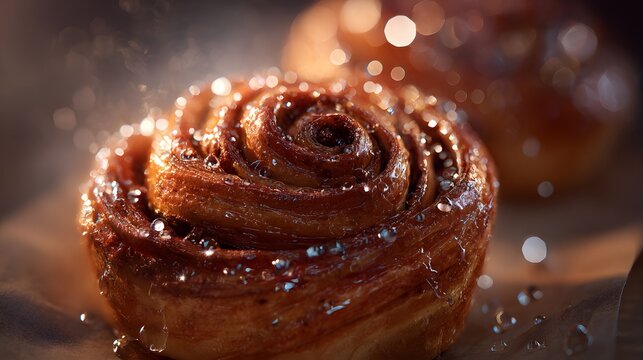 Decadent gourmet styled imagery of a perfectly curled cinnamon pastry with glossy sugary textures and a heartwarming, modern design capturing indulgence