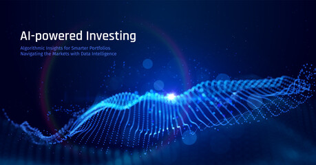 Futuristic AI Fintech background with flowing blue data particles in space. Secure, algorithmic trading, blockchain technology, and big data analysis for corporate presentations and financial branding