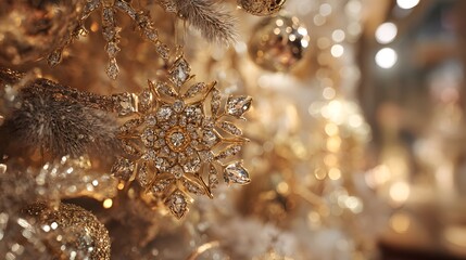 Intricately Embellished Festive Golden Christmas Tree with Shimmering Gems and Elaborate Snowflake Ornaments