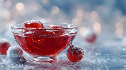 Hyper-Realistic Artwork of Sweet Red Jelly in a Clear Glass Bowl Adorned with Subtle Christmas Ornaments and a Snowy Serene Background
