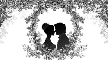 Intricately Detailed Wedding Silhouette Portrait with Ornate Frame for Luxury Invitations