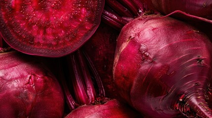 Fresh red beetroots with green leaves, close-up view. The beetroots are round and smooth, showcasing their vibrant color and natural texture.