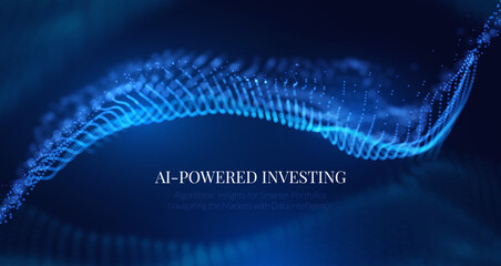Futuristic AI Fintech background with flowing blue data particles in space. Secure, algorithmic trading, blockchain technology, and big data analysis for corporate presentations and financial branding