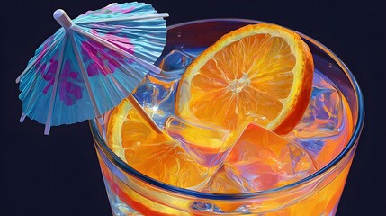 Intricately Detailed Colorful Cocktail Composition Featuring a Fresh Orange Slice and Miniature Beach Umbrella in a Shimmering Liquid