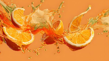 Dynamic Ginseng-Honey Infusion Artwork with Fresh Orange Segments in Playful, Radiant Colors