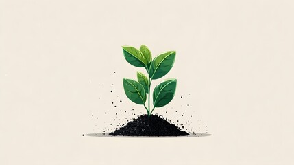 Intricately Detailed Minimal Flat Illustration of a Young Green Plant in Soil with Organic and Eco-friendly Design Emphasizing Nature's Vibrancy