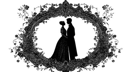 Intricately Detailed Wedding Silhouette Portrait with Ornate Frame for Luxury Invitations
