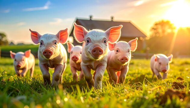 Cute piglets prance happily in grassy field with warm sun, rural farm building softly visible in background