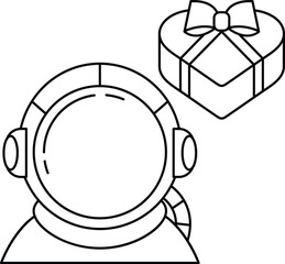 A black and white drawing of a man in a space suit with a box of chocolates in t