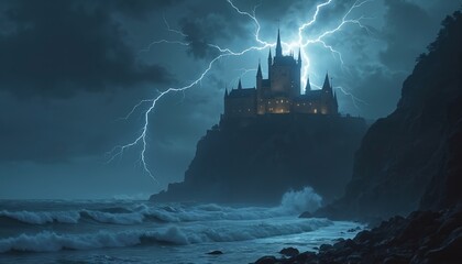 Fototapeta premium Castle on rocky cliff in stormy sea with lightning strikes. Dark clouds, rough ocean waves crash near ancient stone fortress. Dramatic night landscape under thunderous sky.
