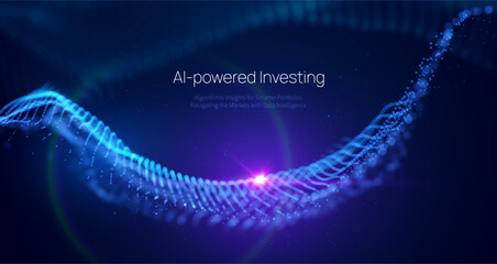 Futuristic AI Fintech background with flowing blue data particles in space. Secure, algorithmic trading, blockchain technology, and big data analysis for corporate presentations and financial branding