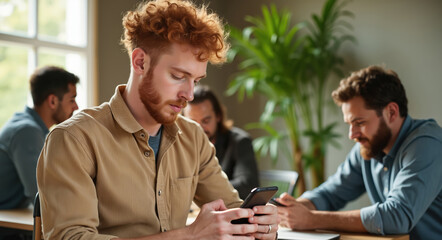 Young red haired man uses smartphone at modern office meeting. Colleagues, diverse business team sit at table, collaborating in coworking space. Focus on work, share ideas, communicate. Pro people