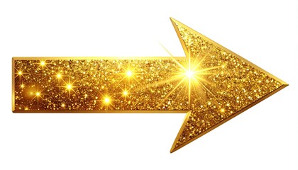 A golden, sparkling arrow pointing right, isolated on a white background, glowing with light and texture