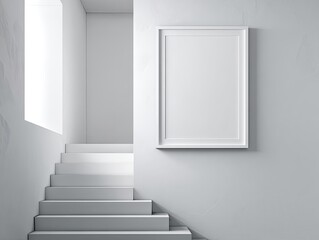 Obraz premium Minimalist interior showcases a staircase leading to light with a blank framed picture