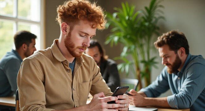 Young red haired man uses smartphone at modern office meeting. Colleagues, diverse business team sit at table, collaborating in coworking space. Focus on work, share ideas, communicate. Pro people