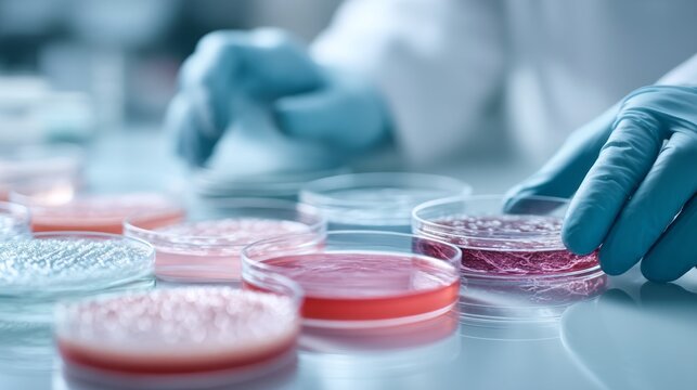 A scientist in a lab coat uses gloved hands to carefully arrange multiple petri dishes filled with various cultures. The colorful contents reflect innovative research efforts