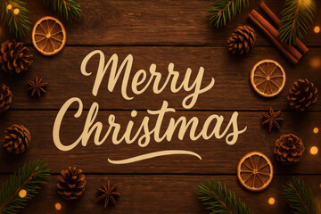 Merry Christmas greeting with pine cones and dried orange slices