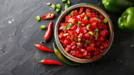 Bowl of fresh salsa with diced tomatoes, green peppers, onions, and chili peppers on a dark textured surface. Spicy Mexican food concept.