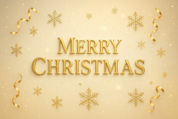 Golden Merry Christmas text with snowflake and ribbon decoration