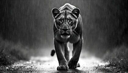 Black, white image of lioness walking directly towards camera in heavy rain. Looks intense, powerful as treads wet ground with determination. Sleek coat glistens, gaze unwavering, embodying raw wild