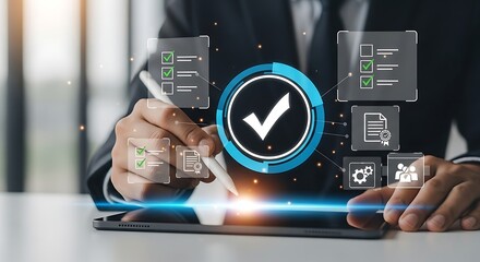 Business professional interacting with a digital interface displaying a verified checkmark and various icons representing business processes and data analysis on a tablet screen