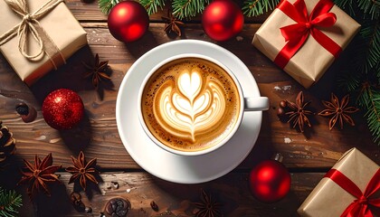 Festive coffee with latte art surrounded by gifts, ornaments, star anise, and pine sprigs on a wooden surface