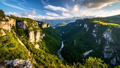 Winding river carves through lush green valley under a bright, partly cloudy sky, with distant mountains