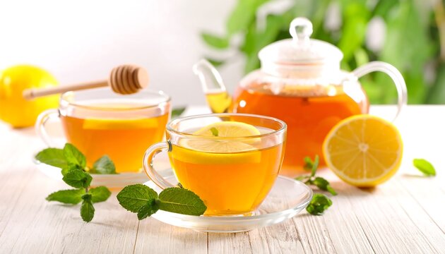Refreshing tea set with honey dipper, mint and lemon on a bright, white wooden surface against lush greenery