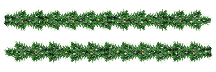 Christmas tree garlands. Realistic pine-tree branches with glowing sparkling Christmas lights decoration. vector illustration