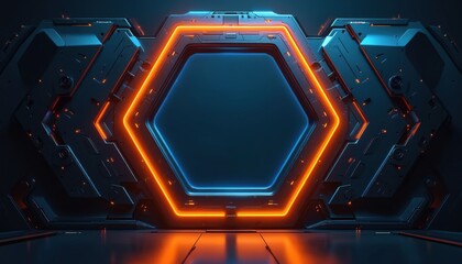 Futuristic hexagonal frame with orange and blue neon lights. Dark metallic panels and glowing accents suggest advanced tech interface or portal. Blank screen space for content.