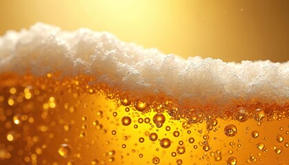 Close view of beer with bubbles. Light beer illustration with rich foam. Fresh beverage with copy space. Concept for brewery company. Graphic template for advertising banner of beer product.