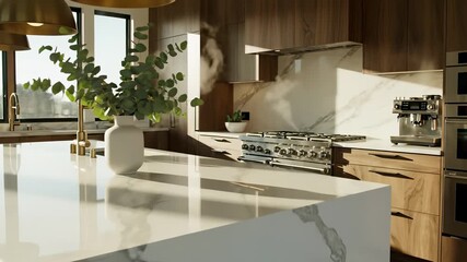 Modern kitchen with sleek design elements, shining through the large window, perfectly capturing the concept of contemporary living and blending style with functionality, ideal for cooking show.