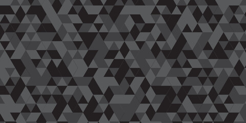 Geometric black and gray seamless mosaic and low polygon triangle texture wallpaper background. Triangle shape retro wall grid pattern geometric ornament tile vector square element.	