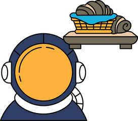A man in a space suit is looking at a plate of food
