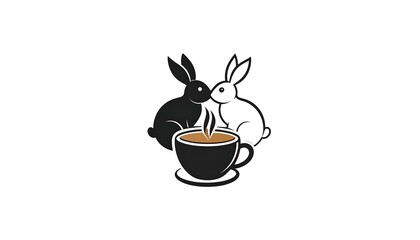 Minimalist design Two rabbits in front of a steaming cup of coffee. Clean, modern, and inviting aesthetic