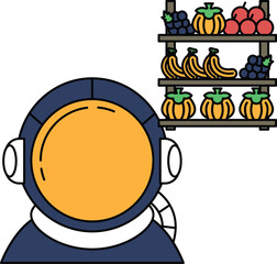 A man in a spacesuit is looking at a shelf full of fruit