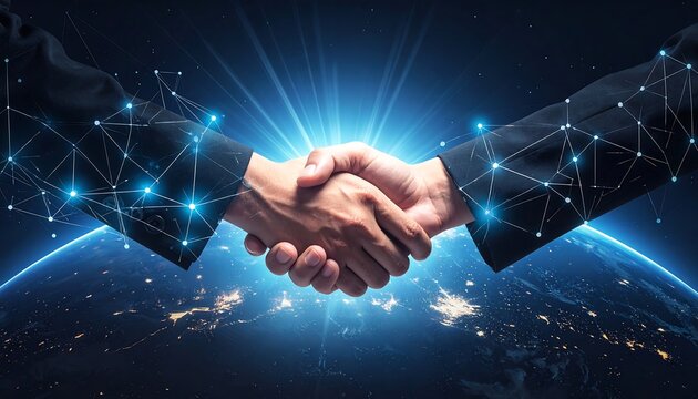 Hands shake over Earth, glowing network. Symbolizing global connection, partnership, and technological advancement in a unified world