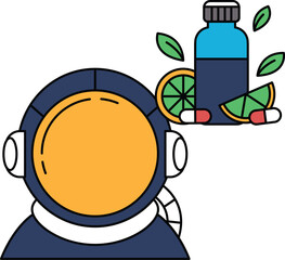 A cartoon of a man in a space suit with a bottle of pills