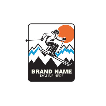 Retro Skiing Adventure Badge Design with Mountain Landscape