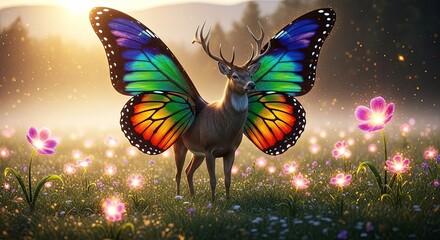 Fototapeta premium Magical Deer with Butterfly Wings in a Dreamy Meadow.