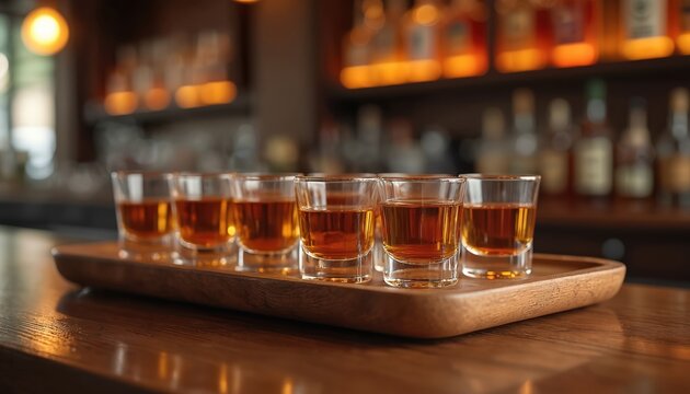 Wooden serving tray displays many whiskey shots in glasses on bar counter. Backlit liquor bottles create warm, inviting ambience. Scene shows spirit tasting alcoholic drink service. Friends gather
