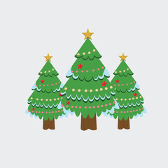 Three Decorated Christmas Trees with Lights and Snow Vector