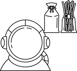A black and white drawing of a man in a space suit with a bag of food in front o