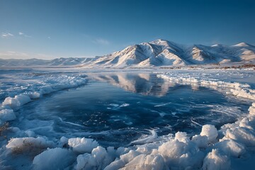A photo of a frozen lake in the Arctic tundra with symmetrical ice patterns, snow-covered surroundings, and a calm, pristine winter landscape.