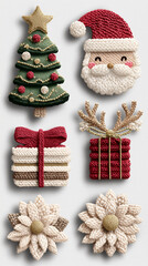 Scandinavian Christmas Clipart Set – 3D Embroidered Yarn Style with Gold Accents on White Background